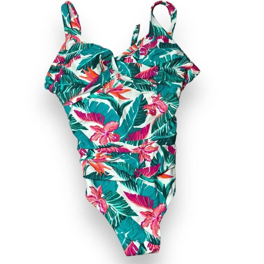 Kona Sol Full Coverage Tummy Control Tropical Print Wrap Swimsuit XL 16 - Picture 2 of 4